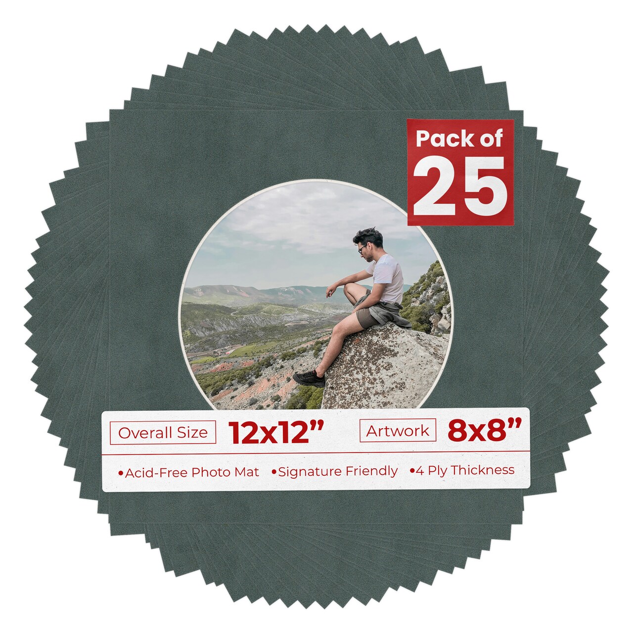Dark Grey Suede Mat Board for 12x12 Frames - Circle Opening for 8x8 Photos